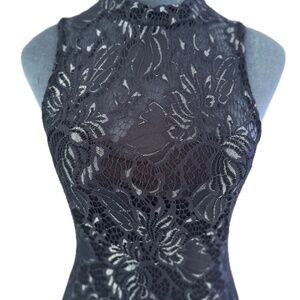 Women's Black Silver Floral Lace Mock Neck Bodysuit Open Low Back ~S~
